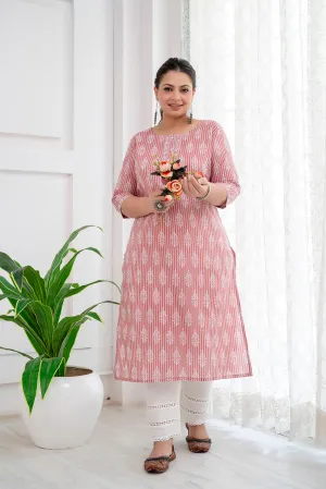 Plus Size Pink Printed Straight Kurta For Women