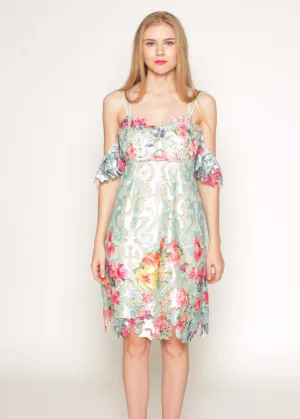 Printed floral lace slip dress with off shoulder sleeves