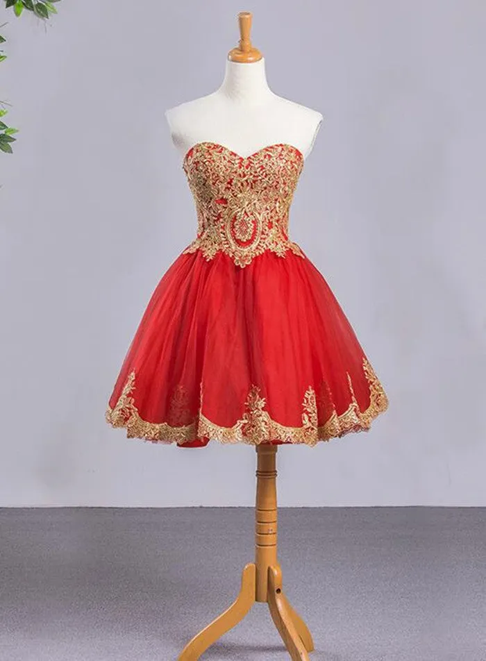 Red Sweetheart Tulle Short Homecoming Dress with Gold Applique Short Formal Dresses