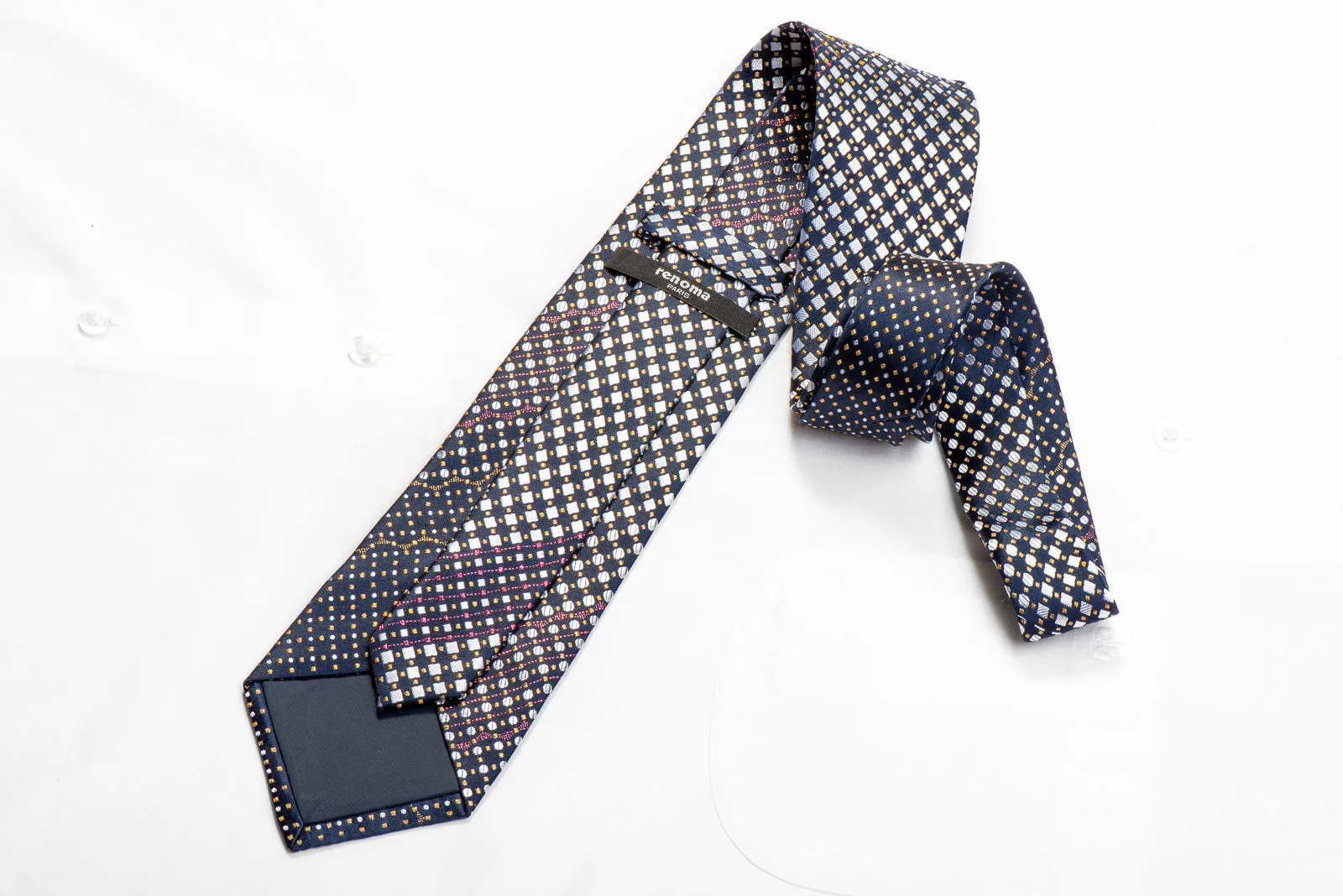 Renoma Men's Rhinestone Tie Silver Geometric On Navy With Sparkles