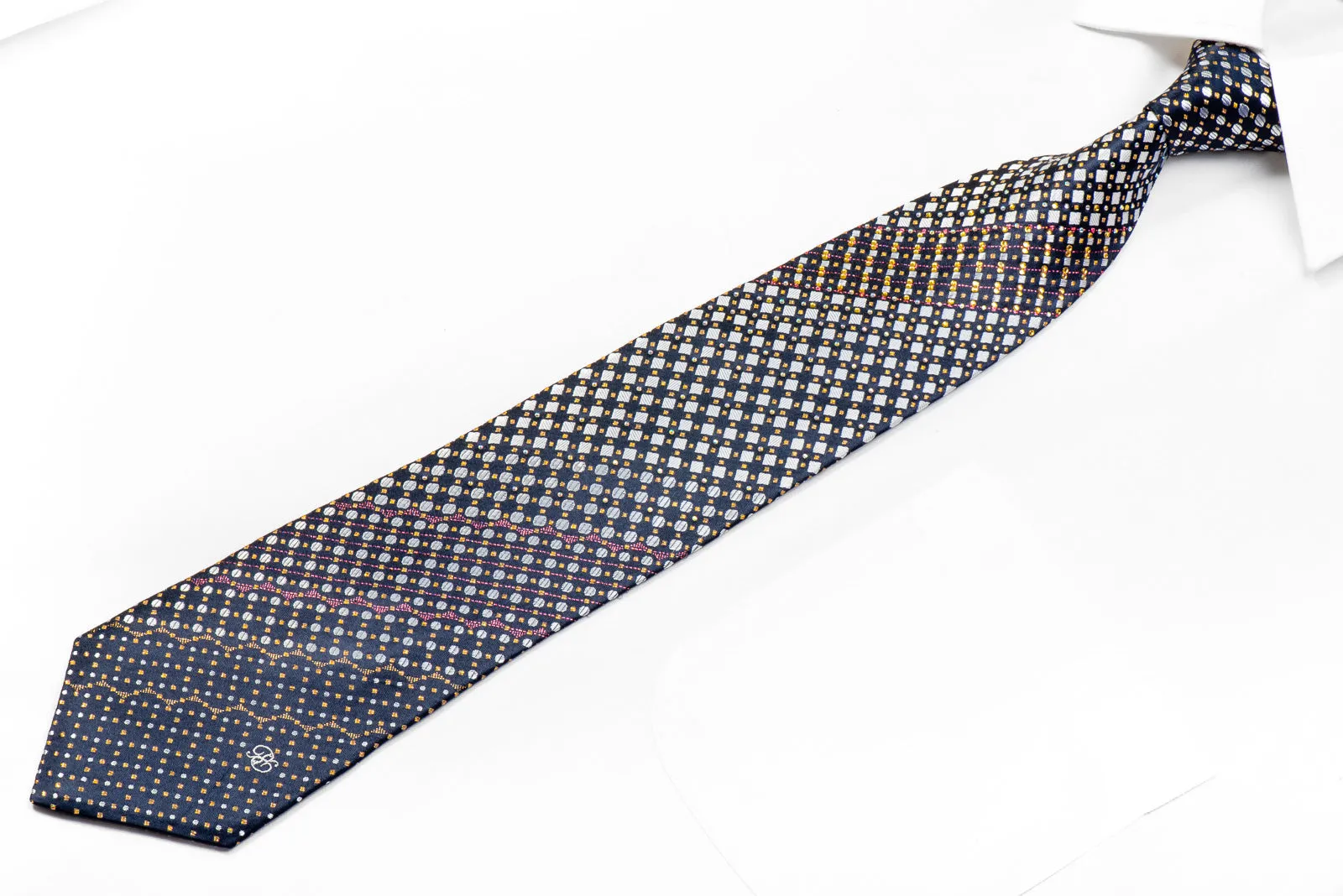 Renoma Men's Rhinestone Tie Silver Geometric On Navy With Sparkles