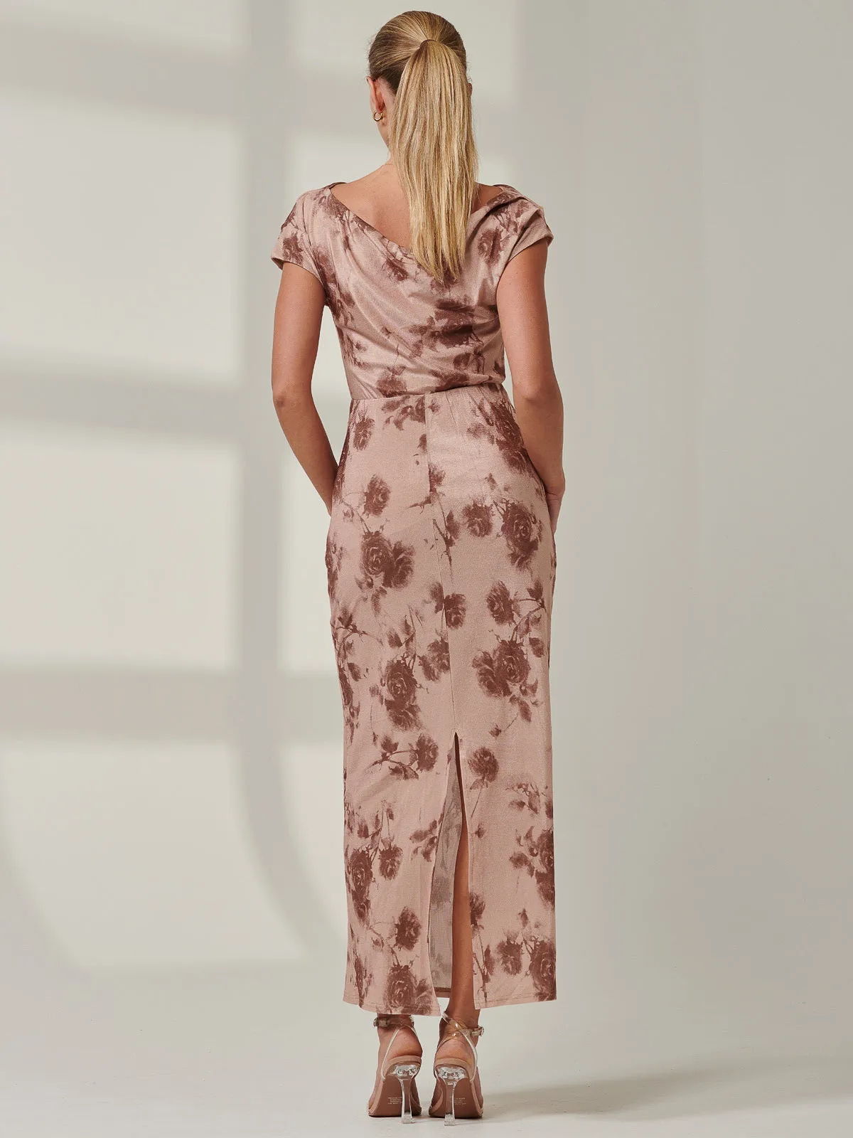 Sample Sale - Round Neck Maxi Dress, Brown Floral