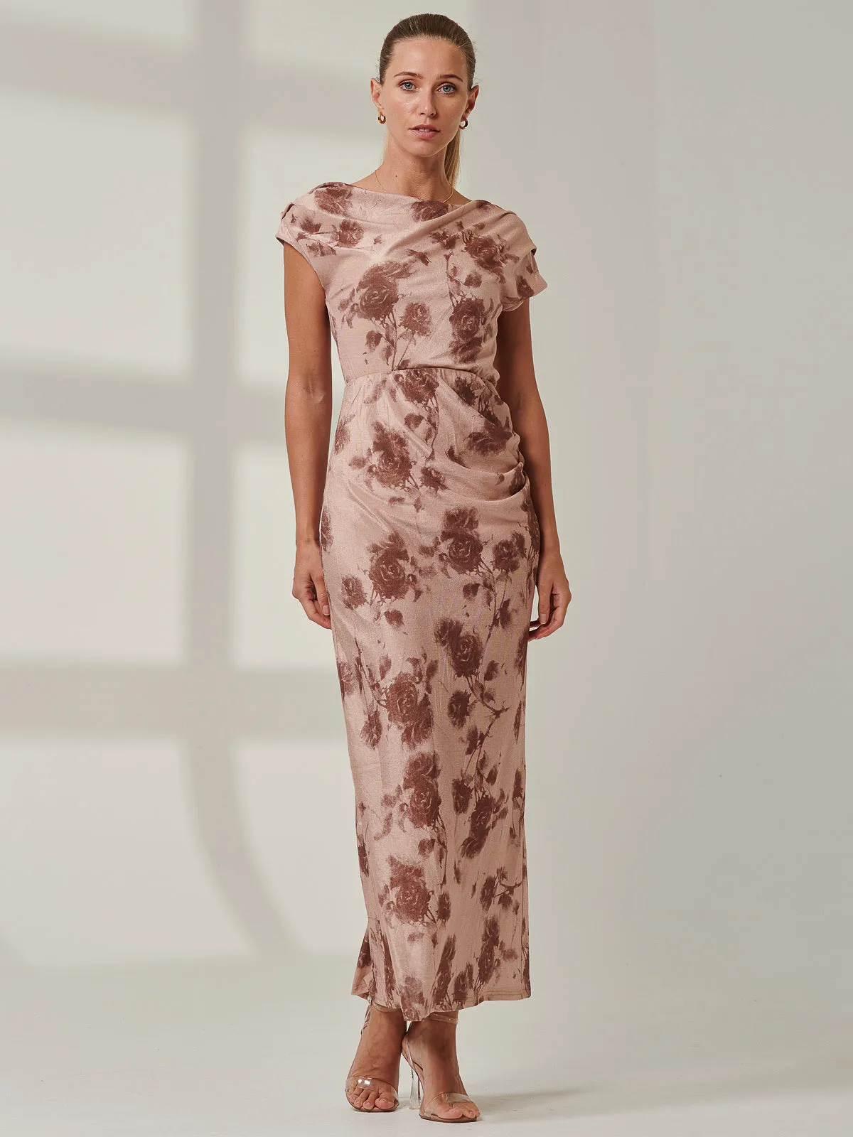 Sample Sale - Round Neck Maxi Dress, Brown Floral