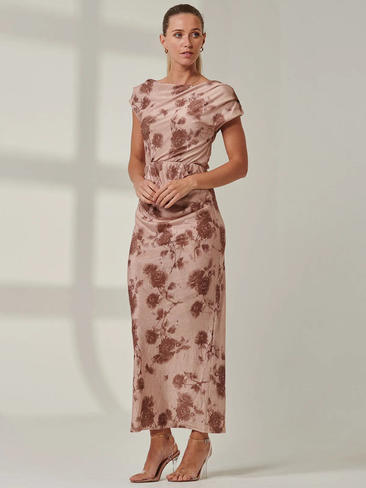 Sample Sale - Round Neck Maxi Dress, Brown Floral