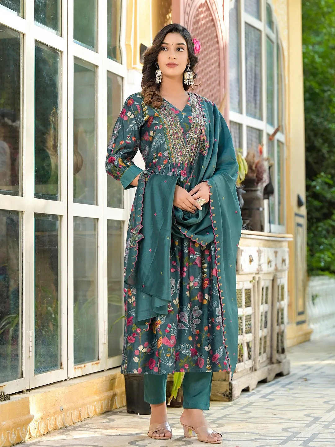 Sea Green Embroidered A-Line Kurta Trouser With Dupatta Set