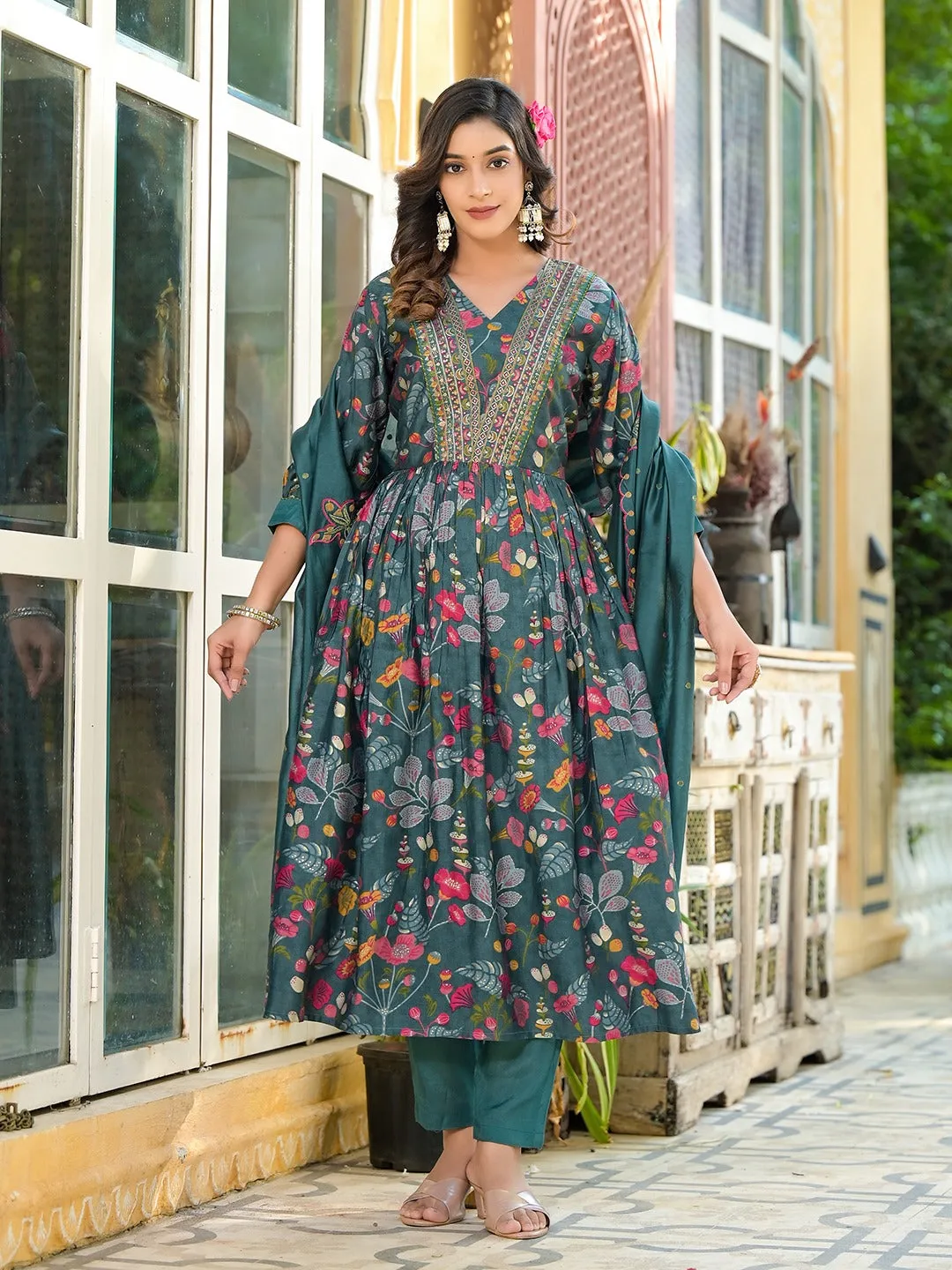 Sea Green Embroidered A-Line Kurta Trouser With Dupatta Set