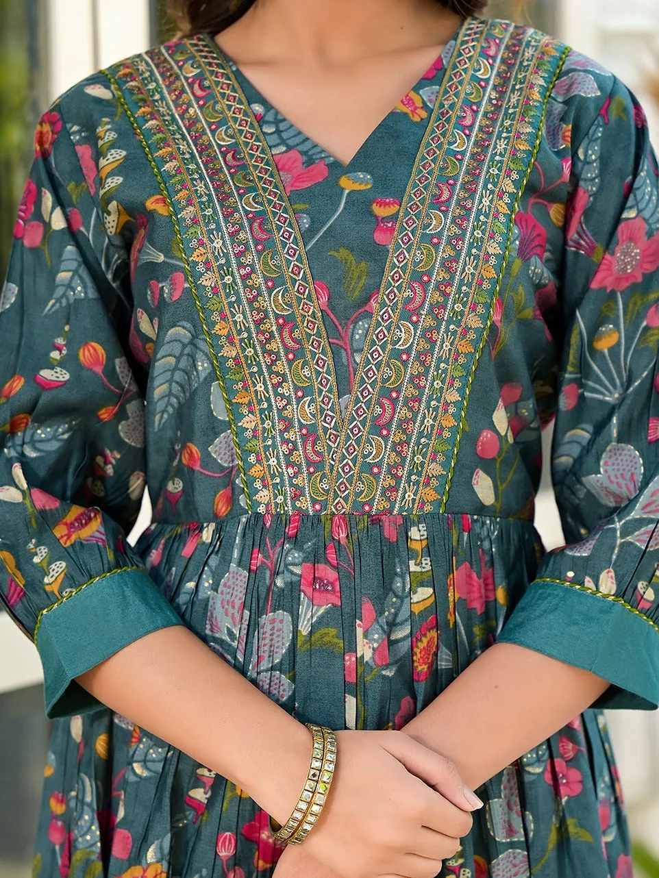 Sea Green Embroidered A-Line Kurta Trouser With Dupatta Set