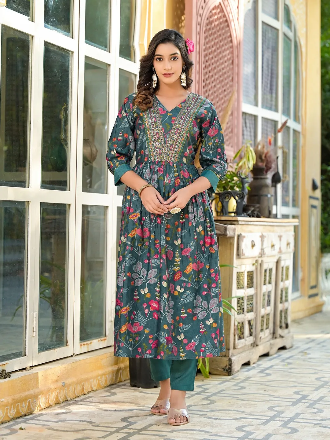 Sea Green Embroidered A-Line Kurta Trouser With Dupatta Set