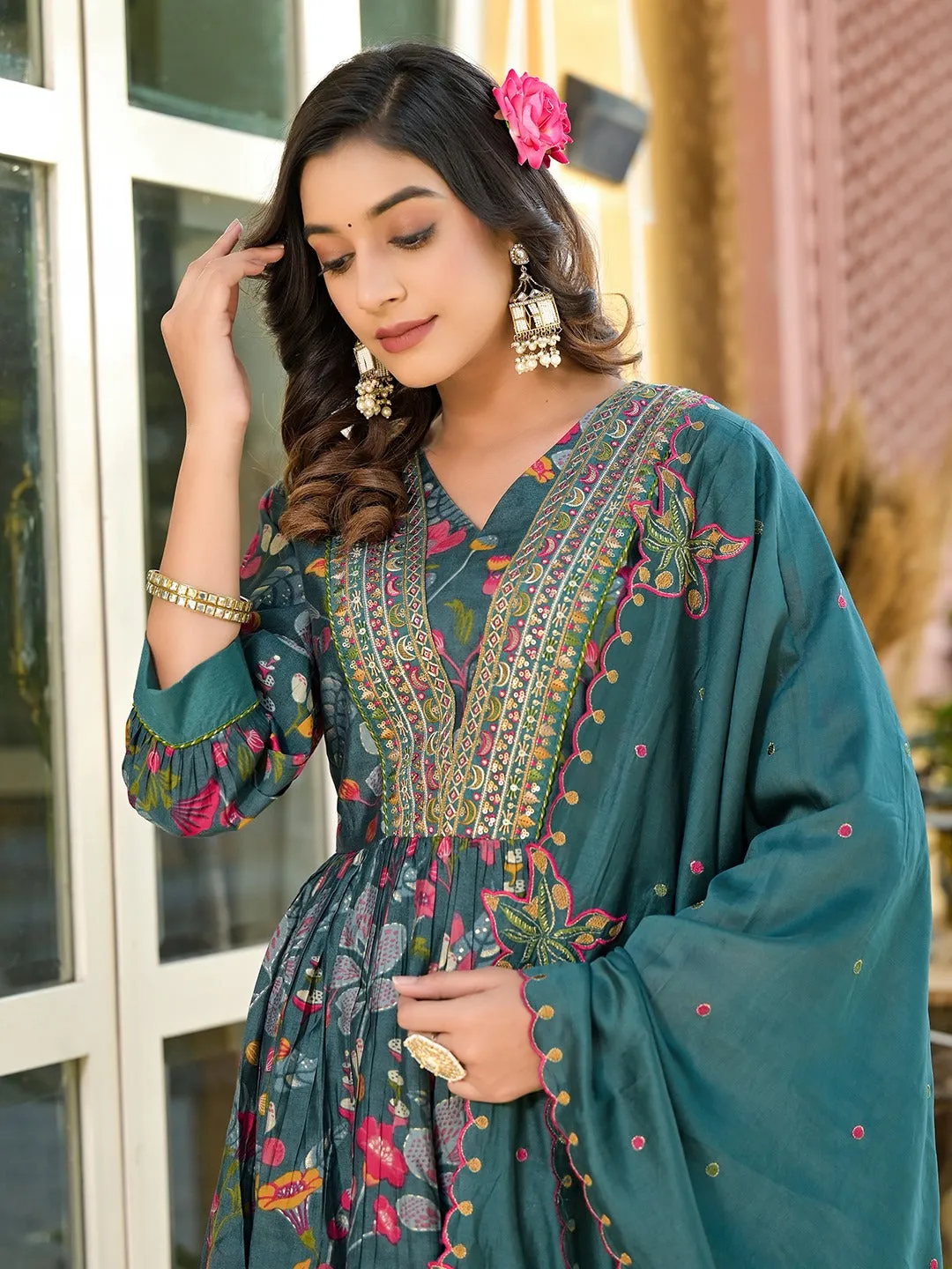 Sea Green Embroidered A-Line Kurta Trouser With Dupatta Set