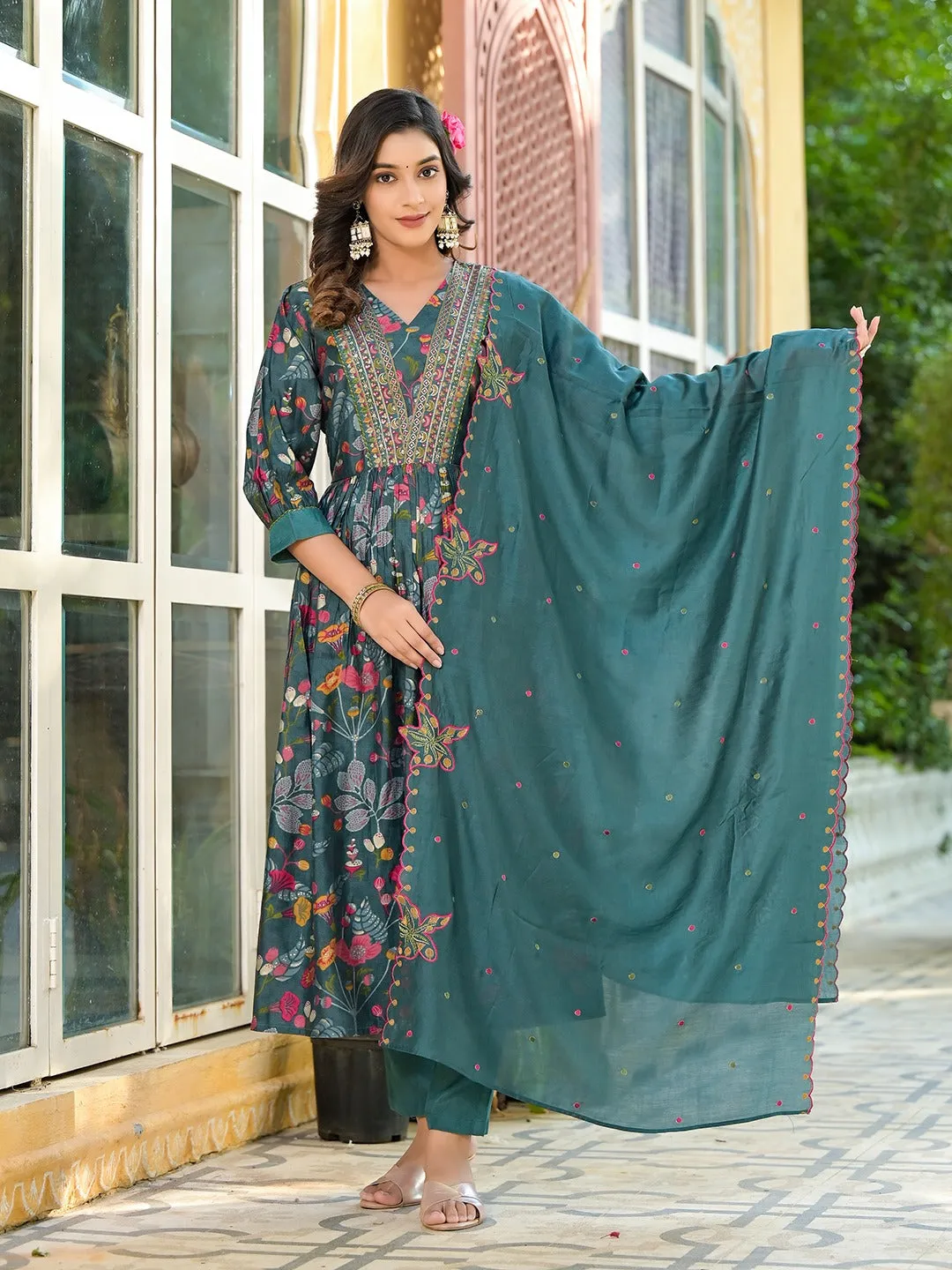 Sea Green Embroidered A-Line Kurta Trouser With Dupatta Set