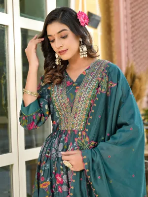 Sea Green Embroidered A-Line Kurta Trouser With Dupatta Set