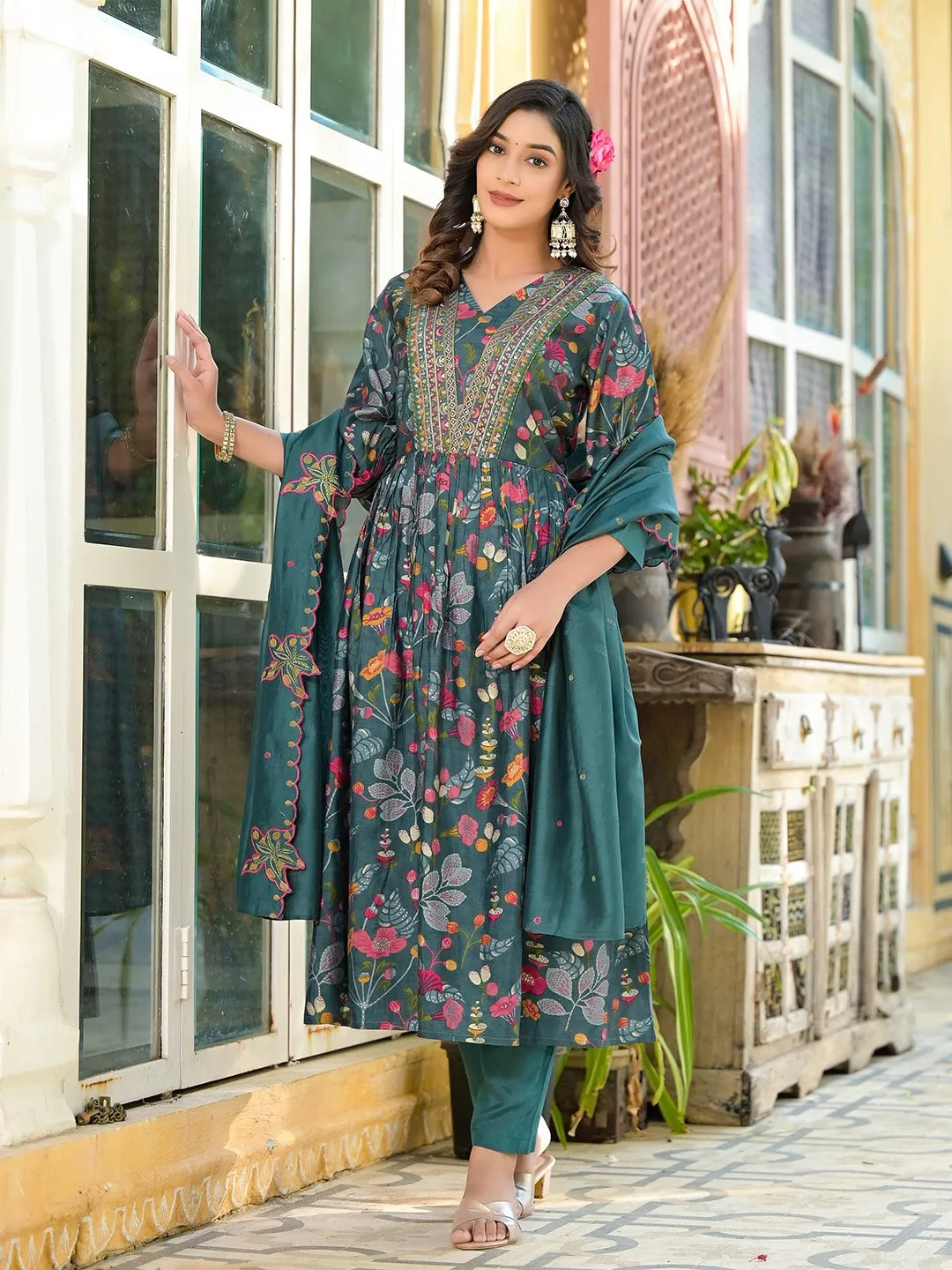 Sea Green Embroidered A-Line Kurta Trouser With Dupatta Set