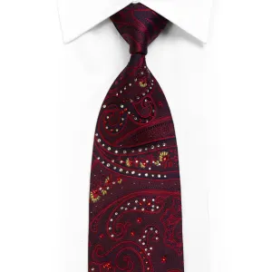 Silk Necktie Burgundy Red Paisley On Blue With Rhinestones & Sparkles