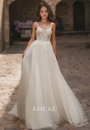 Spaghetti Straps Scoop Neck A-Line Wedding Dress Sweep Train Lace Bridal Gowns with Appliques