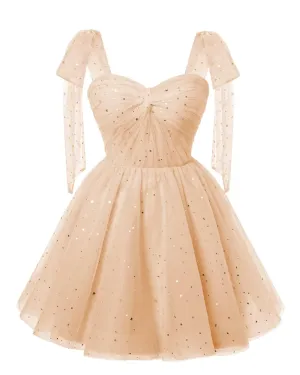 Sparkly Starry Blush Pink Tulle Short Homecoming Dresses Spaghetti Bow Straps Prom Dress Sequin Cocktail Party Dress for Teens