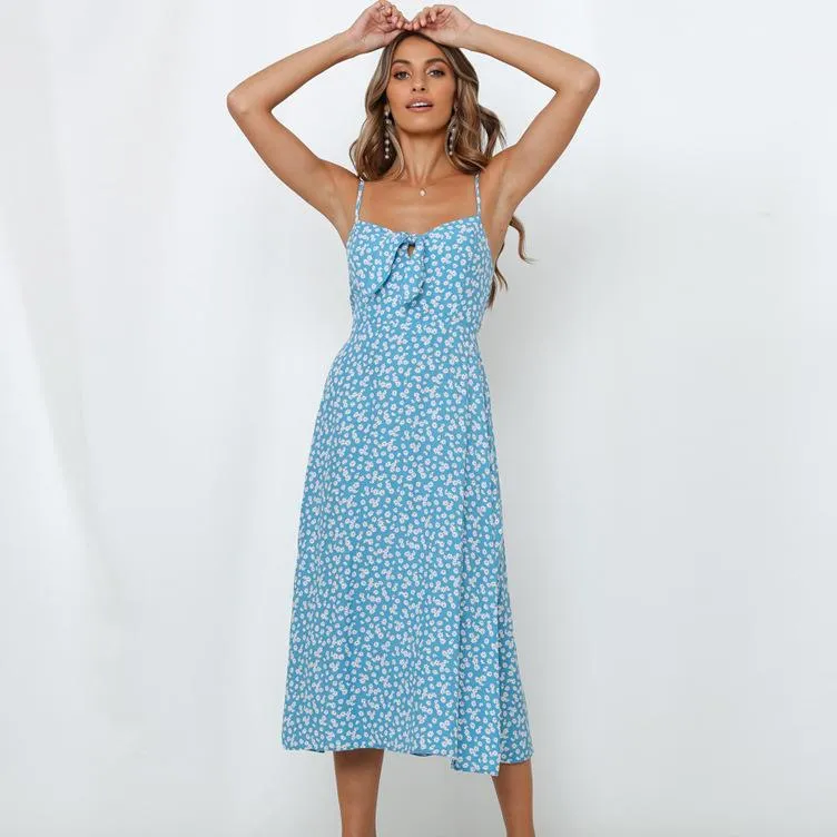 Summer  sexy sling floral printed side split midi dress