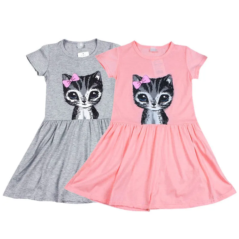 Toddler Baby Girl Kid Princess Casual Party Cat Print Summer Shirt Dress Clothes S01