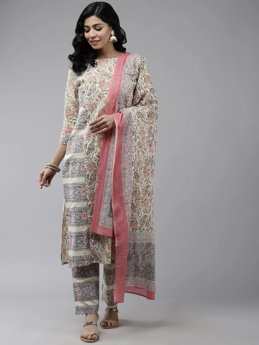 Women Cream & Grey Printed Kurta & Palazzo With Dupatta