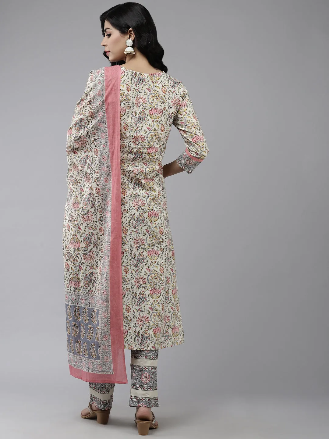 Women Cream & Grey Printed Kurta & Palazzo With Dupatta