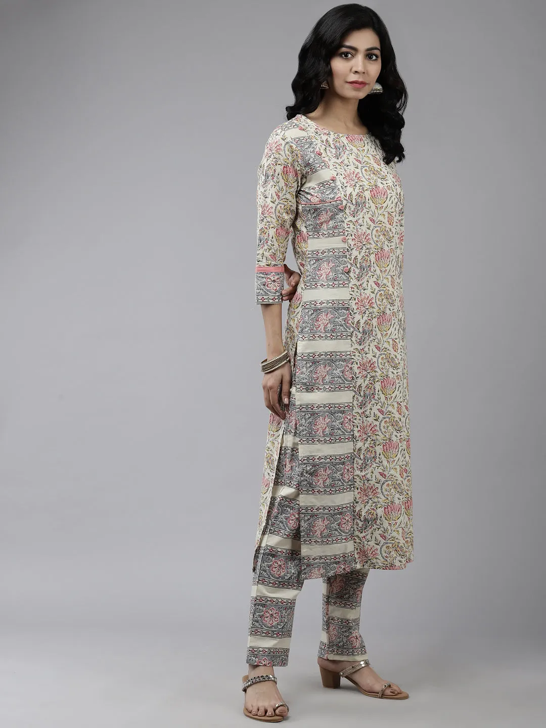 Women Cream & Grey Printed Kurta & Palazzo With Dupatta