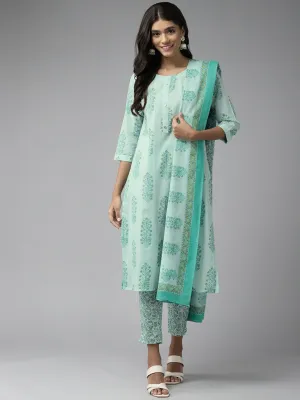 Women Green Printed Cotton Kurta With Pant And Dupatta Set