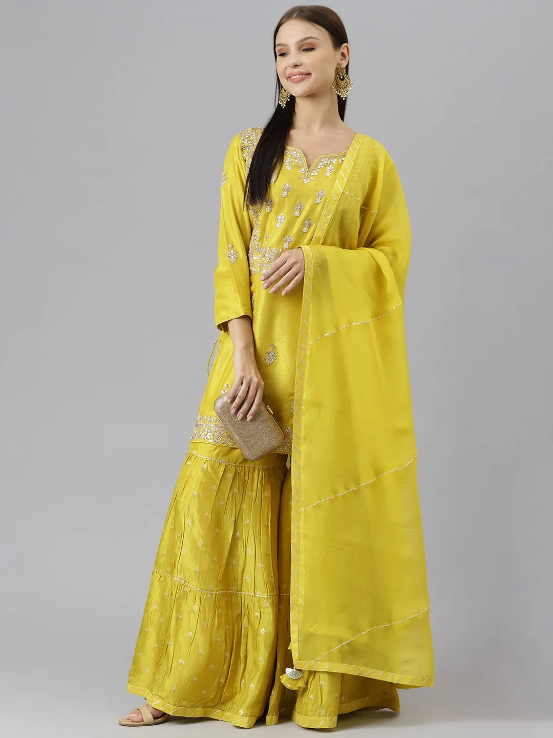 Women Lemon Yellow Pure Rassion Chenderi Kurta Sharara Set With Dupatta