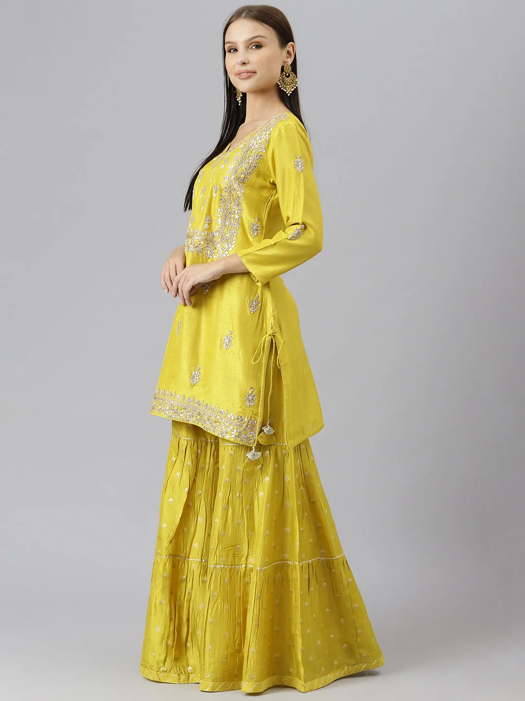 Women Lemon Yellow Pure Rassion Chenderi Kurta Sharara Set With Dupatta