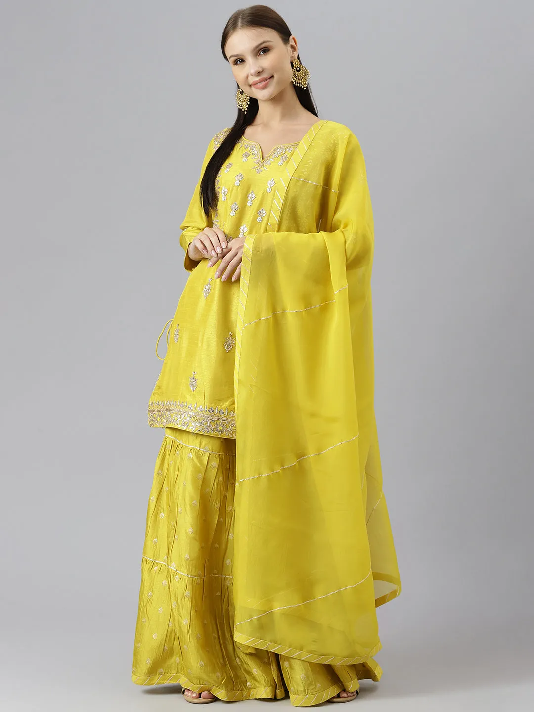 Women Lemon Yellow Pure Rassion Chenderi Kurta Sharara Set With Dupatta