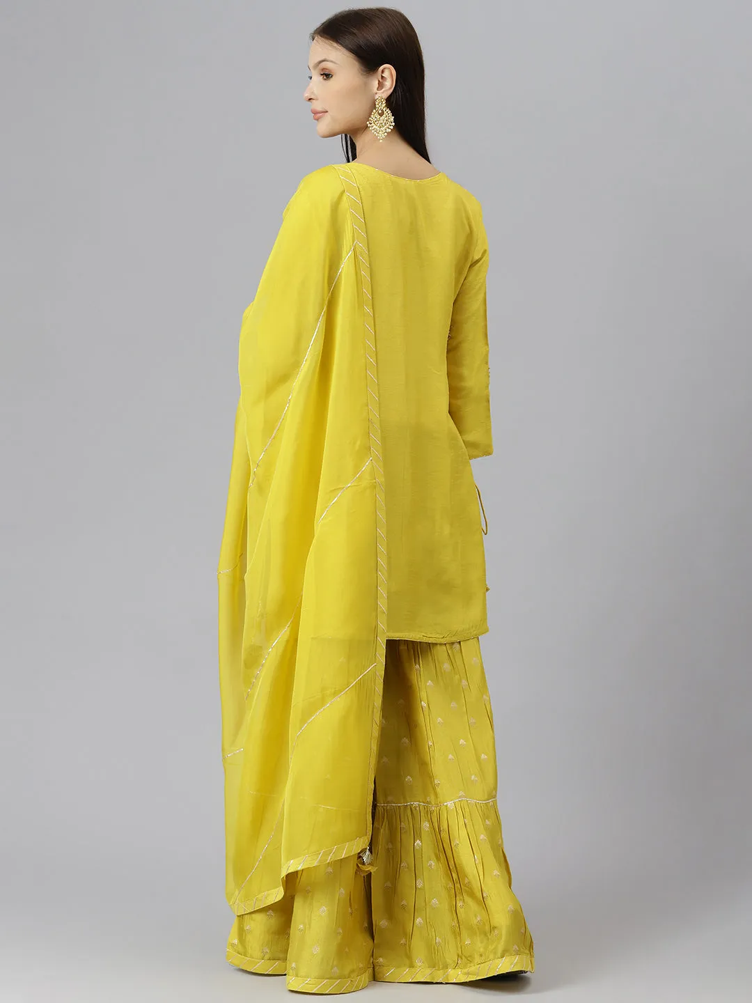 Women Lemon Yellow Pure Rassion Chenderi Kurta Sharara Set With Dupatta