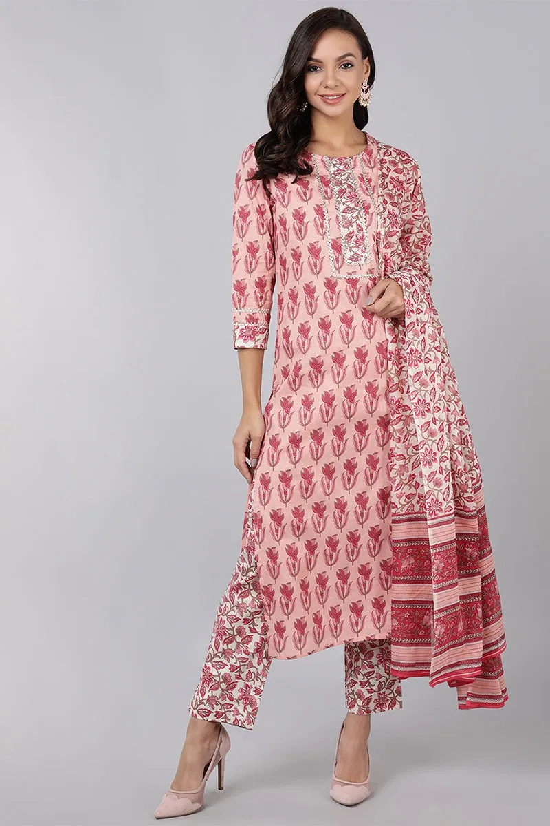 Women Pink Printed Kurta Trousers With Dupatta