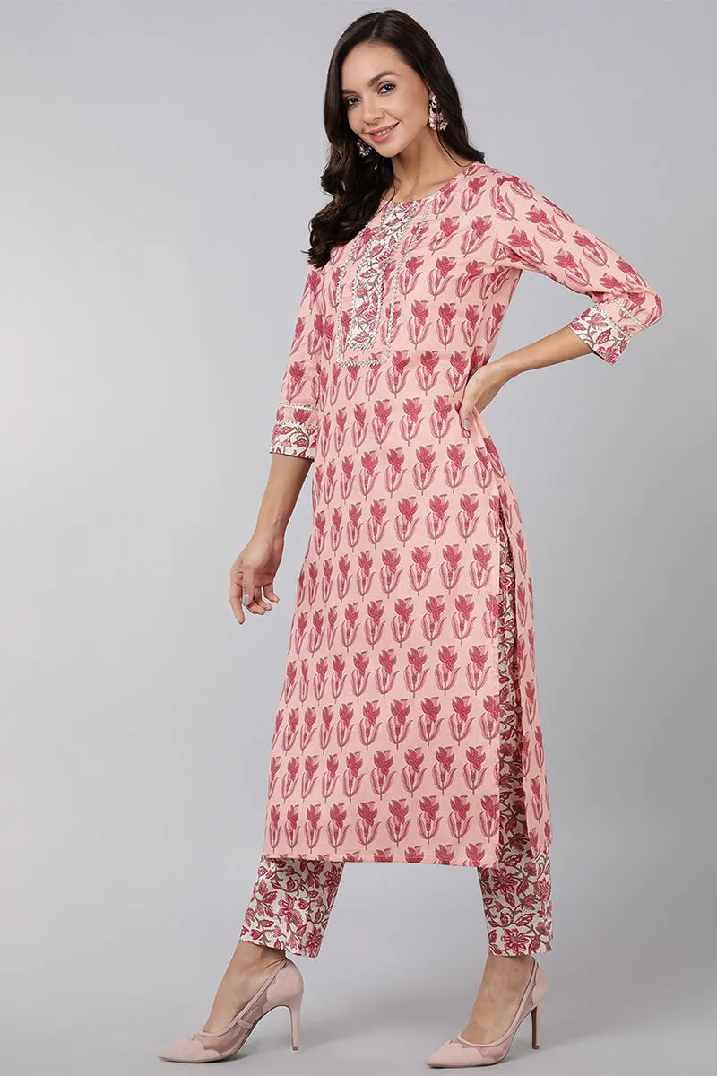 Women Pink Printed Kurta Trousers With Dupatta