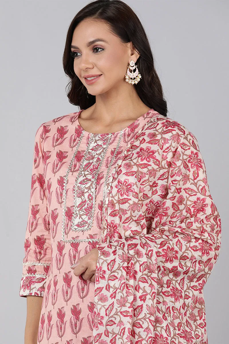 Women Pink Printed Kurta Trousers With Dupatta