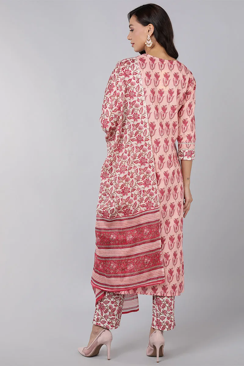 Women Pink Printed Kurta Trousers With Dupatta