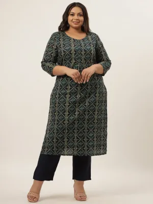 Women Teal Blue & Black Printed Pure Cotton Kurta With Palazzos