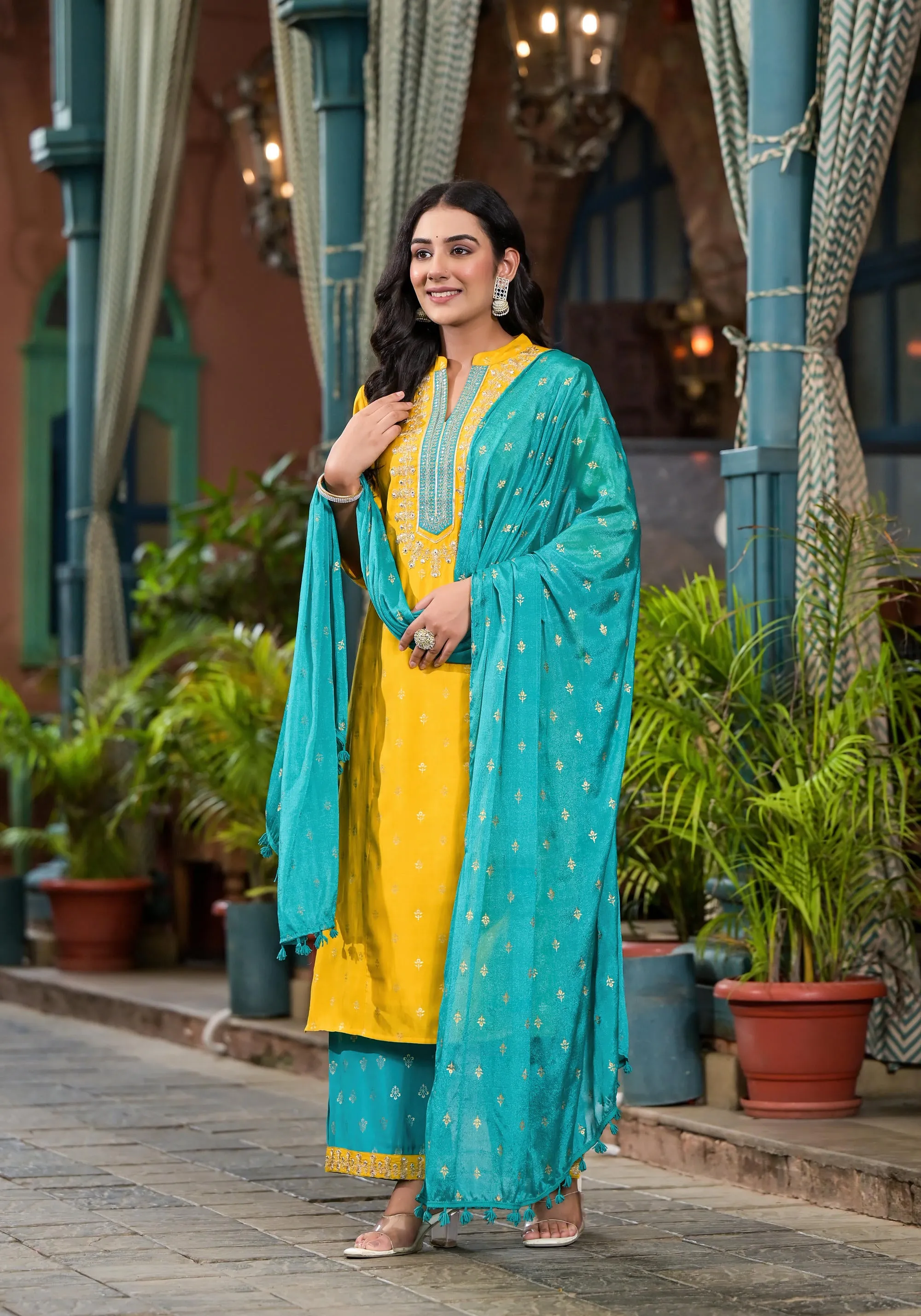 Yellow Solid Liva Rayon Kurta Pant And Dupatta Set With Zari Work & Sequins