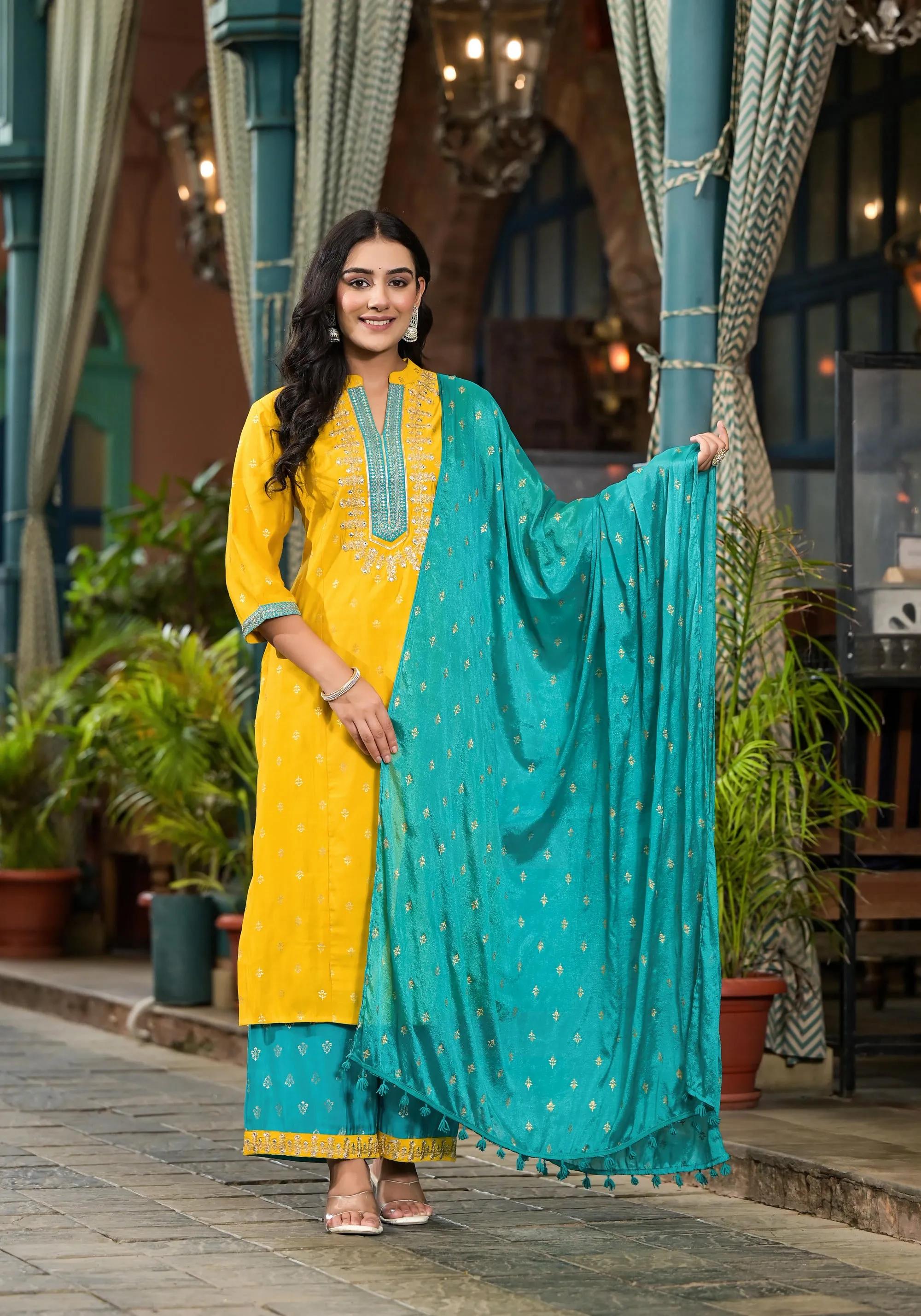 Yellow Solid Liva Rayon Kurta Pant And Dupatta Set With Zari Work & Sequins